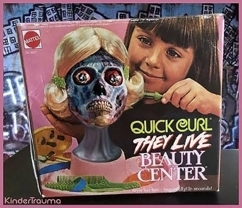 A girl's Barbie head styling toy redone as the alien invaders from John Carpenter's film They Live.