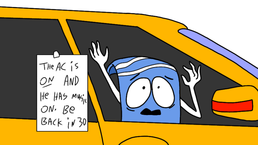towelie locked in car with sign saying he's fine and AC is on - Artist: dontmakenoise (https://x.com/dontmakenoise_)