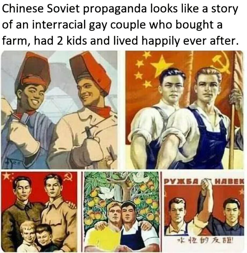 Soviet and Chinese propaganda poster that is quite frankly pretty gay!