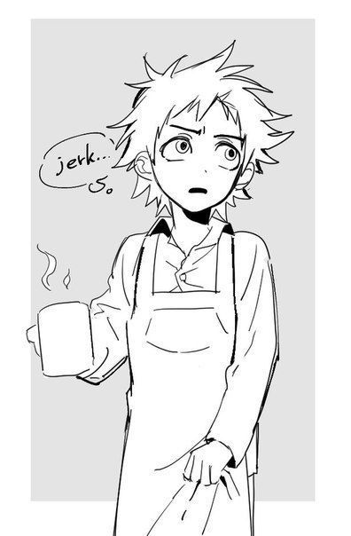 Fan art of Tweek Tweak working in the coffee shop. He's wearing an apron, holding a cup of coffee, and saying "Jerk" to someone.