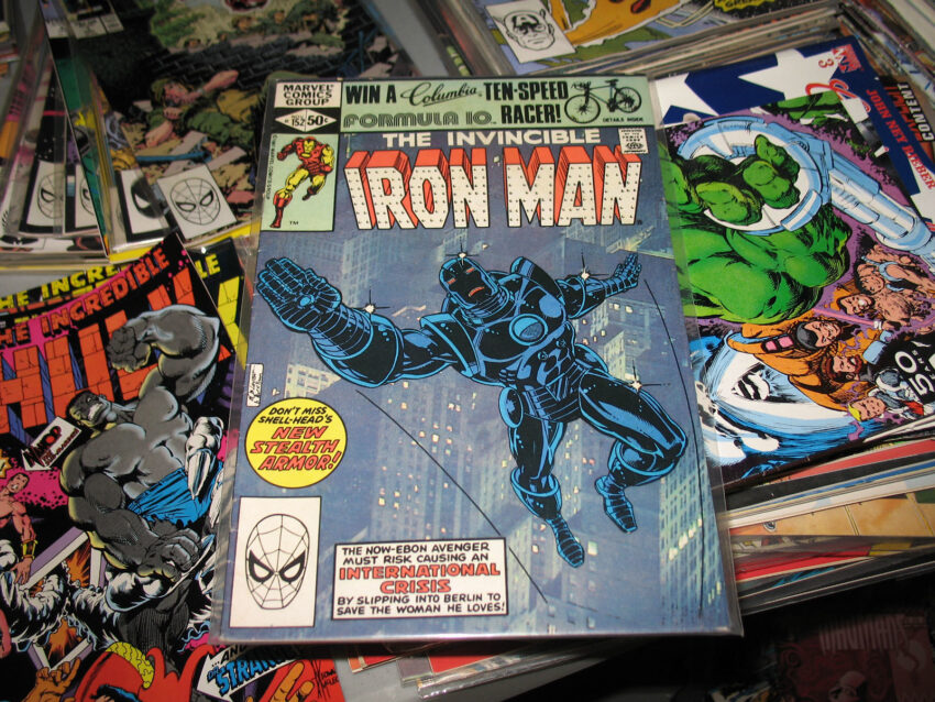 Cover to Iron Man #152 comic book from the 1980s showing the then Iron Man Stealth Armor in black.