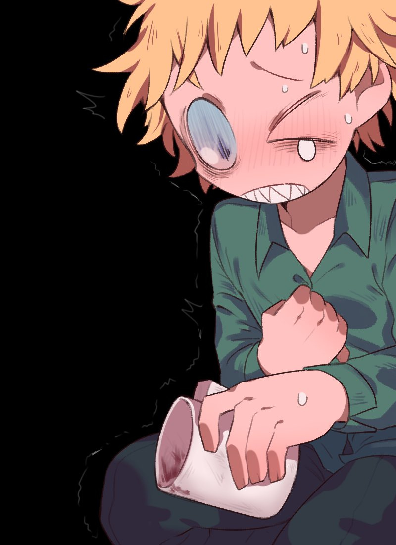 Fan art of Tweek Tweak grasping his chest and a coffee mug.