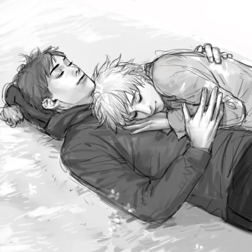 Fan art of late teens Craig and Tweek laying on the ground, with Tweek partially laying on Craig.