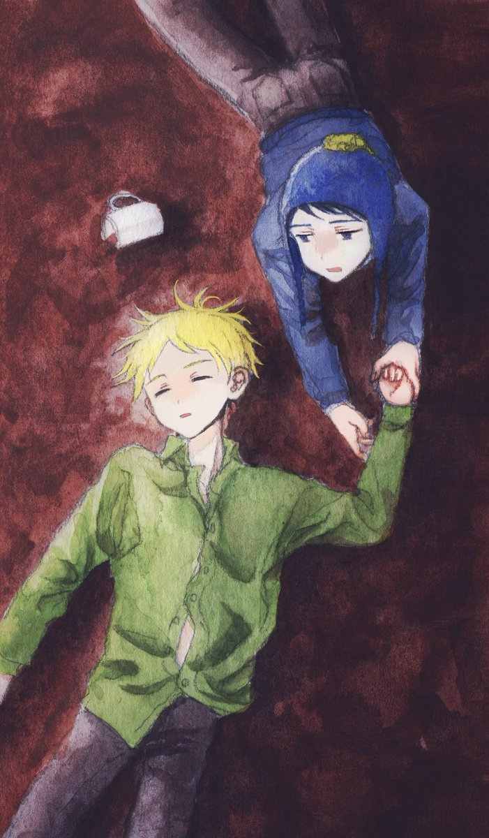 Craig and Tweek laying on the Floor. Craig holds Tweek's hand. Coffee mug is knocked over.