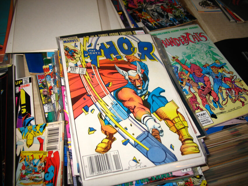 The cover at of Thor #337 by Walt Simonson showing Beta Ray Bill holding Mjolnir and destroying the Thor logo.