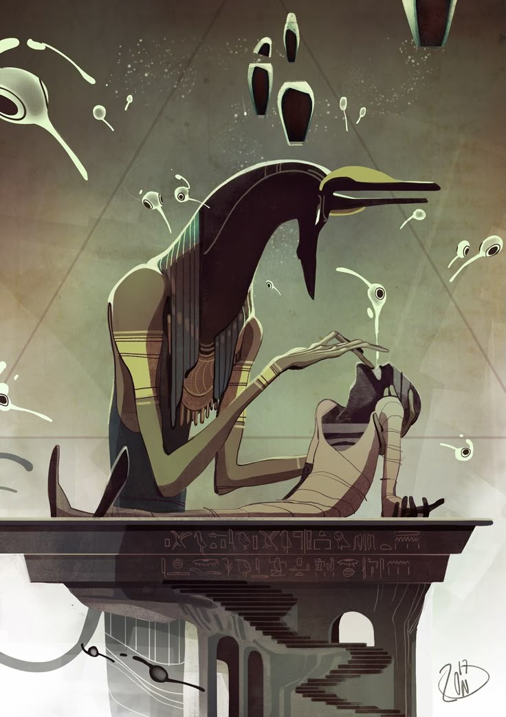 The ancient God Anubis performs the opening of the mouth ceremony on the deceased, who has been mummified and is wrapped in linens. Artist: Cecilia Petrucci