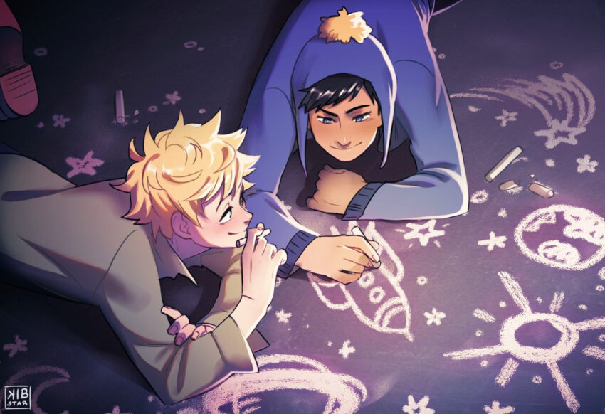 Fan art of of a teen Craig Tucker and teen Tweek Tweak drawing on the pavement with chalk. Artist: Kibsart