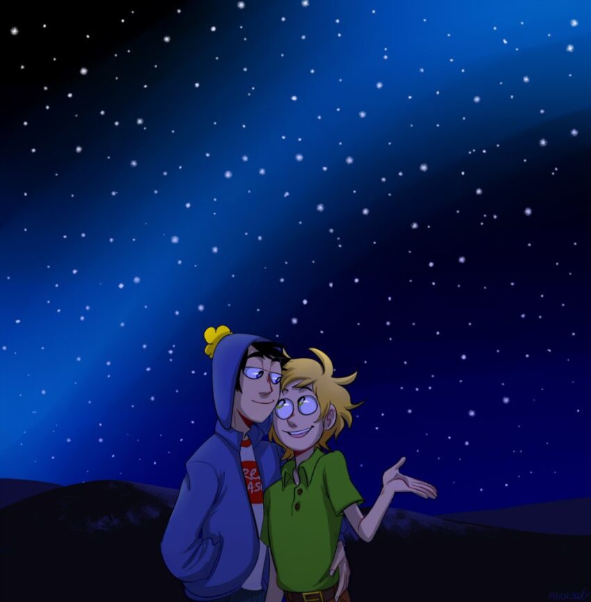 Fan art of of a teen Craig Tucker holding Tweek Tweak around the waist as they stand outside under a starry night. Artist: mayorowly