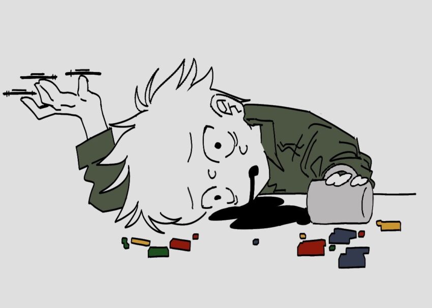 A totally frazzled Tweek Tweak, his face on the table drooling coffee with his mug spilled nex to him, still keeps 3 fidget spinners spinning in his hand. Artist: sahakeeei