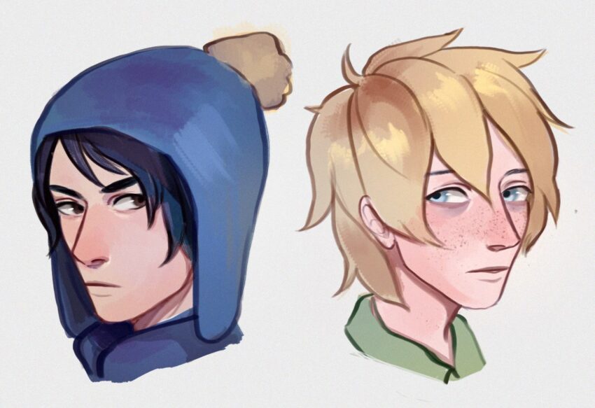Fan art of of a teen Craig Tucker and teen Tweek Tweak. Heads only. Artist: vessss0