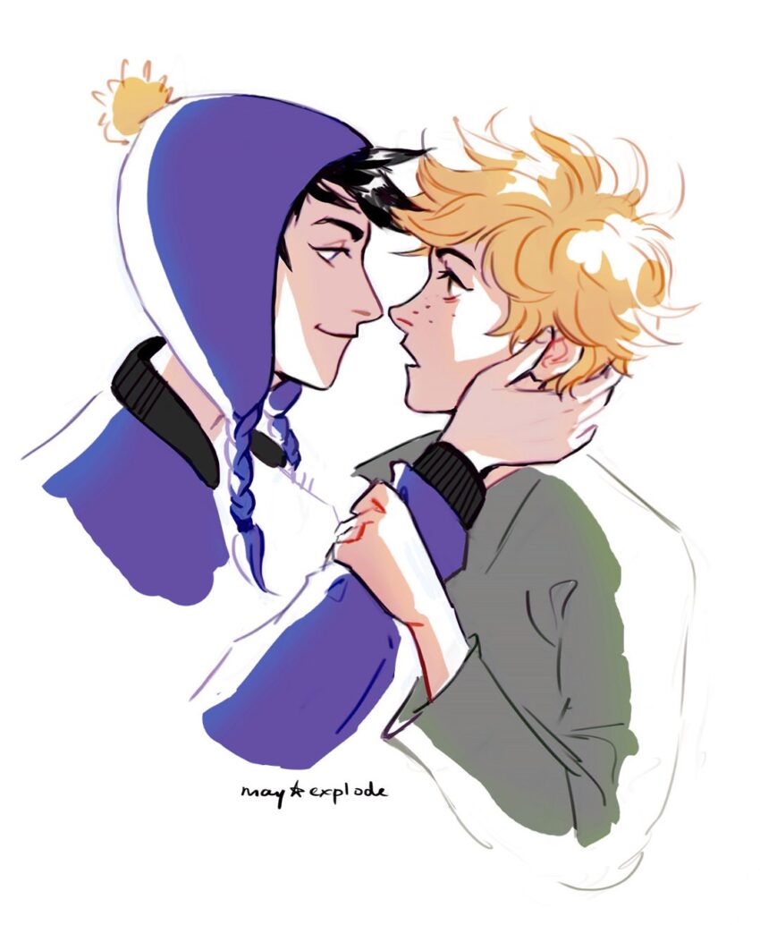 Fan art of South Park's Craig Tucker and Tweek Tweak. Craig holds his hand around Tweek's neck as he goes in for a kiss. Artist: mayexplode (https://linktr.ee/mayexplode)