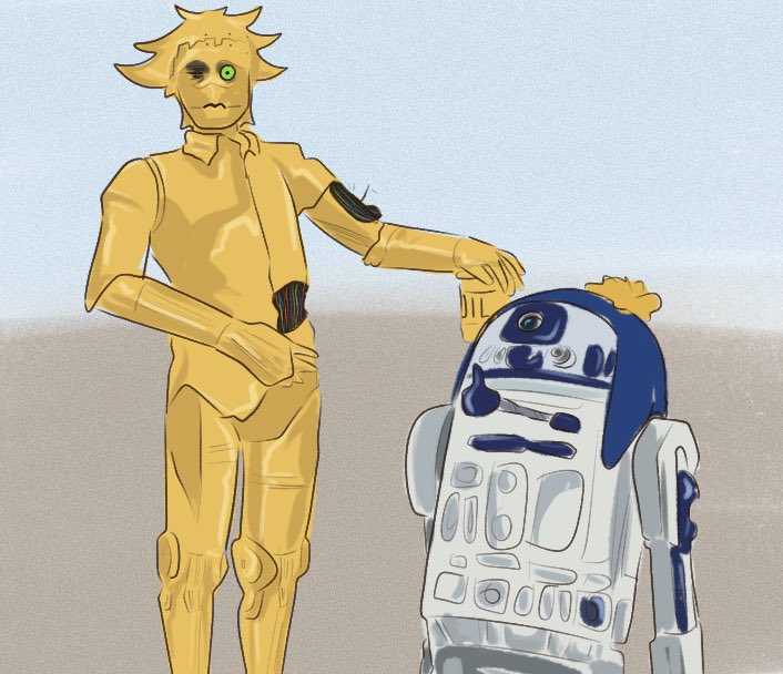 Fan art of South Park's Craig Tucker and Tweek Tweak done as C-3PO (Tweek) and R2-D2 (Craig). Artist: omlhuhh (https://x.com/omlhuhh)