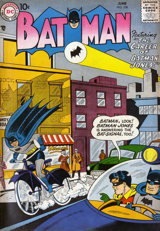 Cover to Batman #108 featuring "The Career of Batman Jones!"