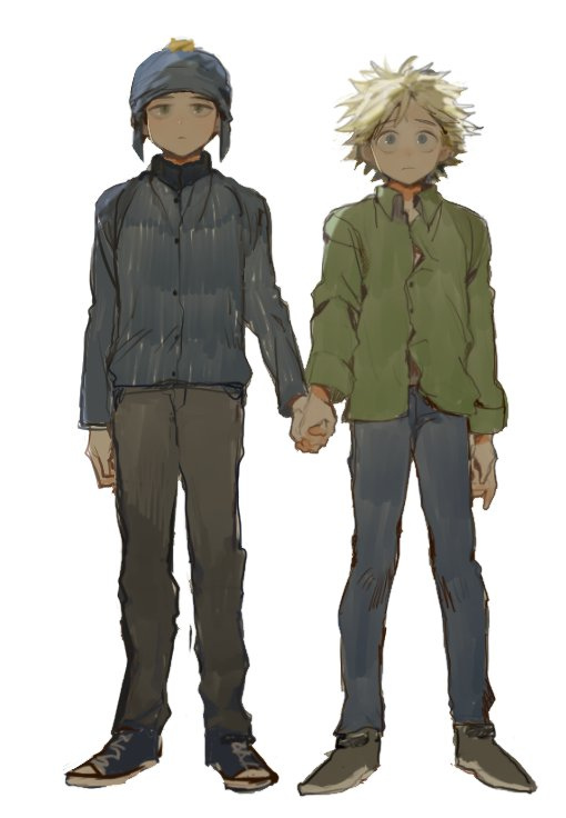 Fan art of South Park's Craig Tucker and Tweek Tweak holding hands. Artist: GOLDEPARK (https://x.com/GOLDEPARK)