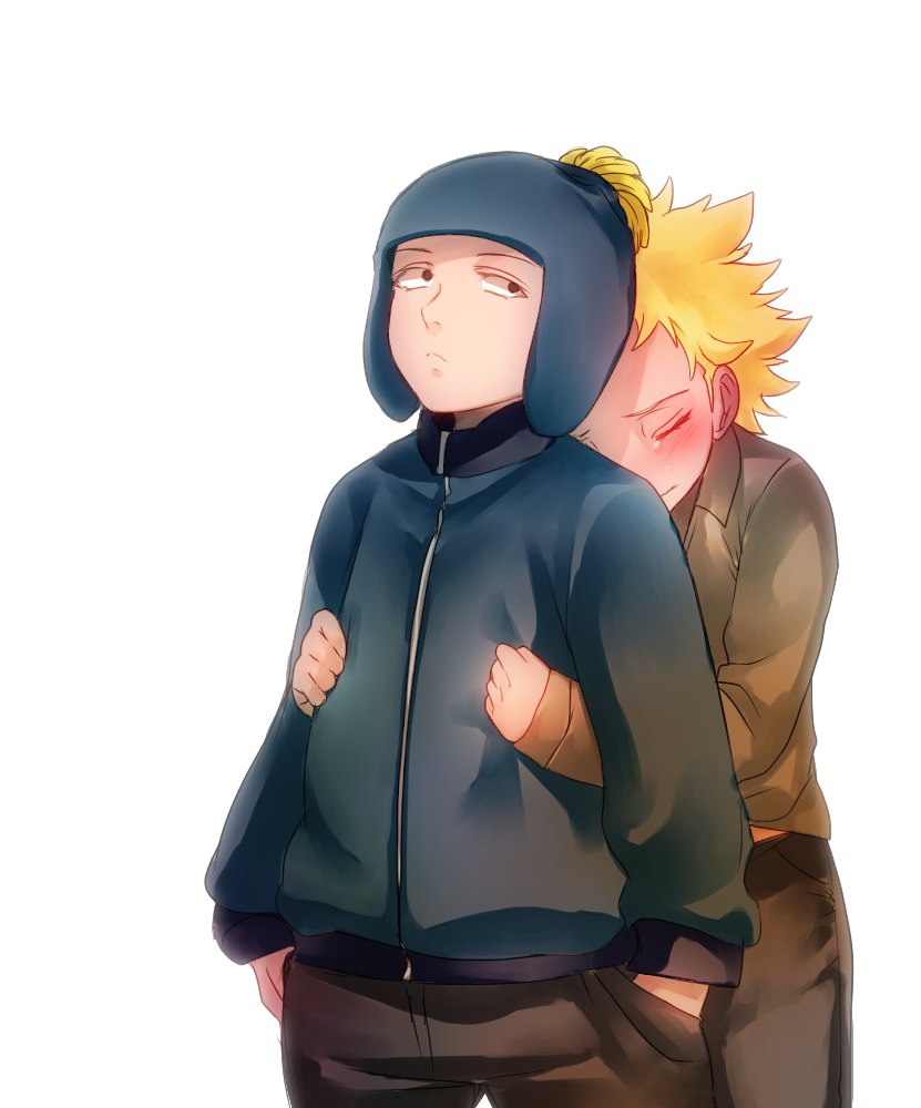 Fan art of South Park's Craig Tucker and Tweek Tweak. Tweek, eyes closed, stands behind Craig as if wanting to be protected. Artist: はるじゃ (http://www.pixiv.net/member.php?id=1241737)