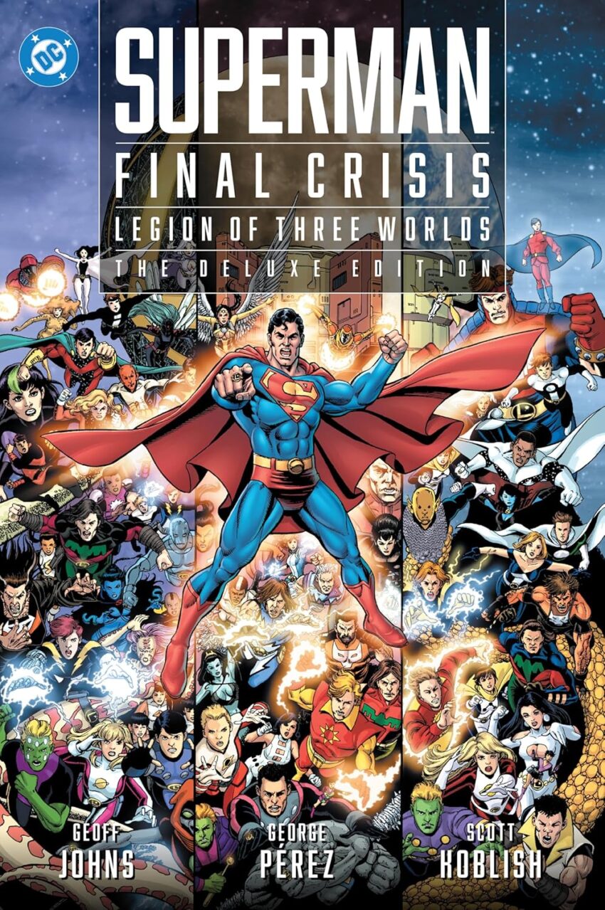 Hardback cover illustration of Final Crisis: Legion of Three Worlds with amazing illustrations by George Perez.