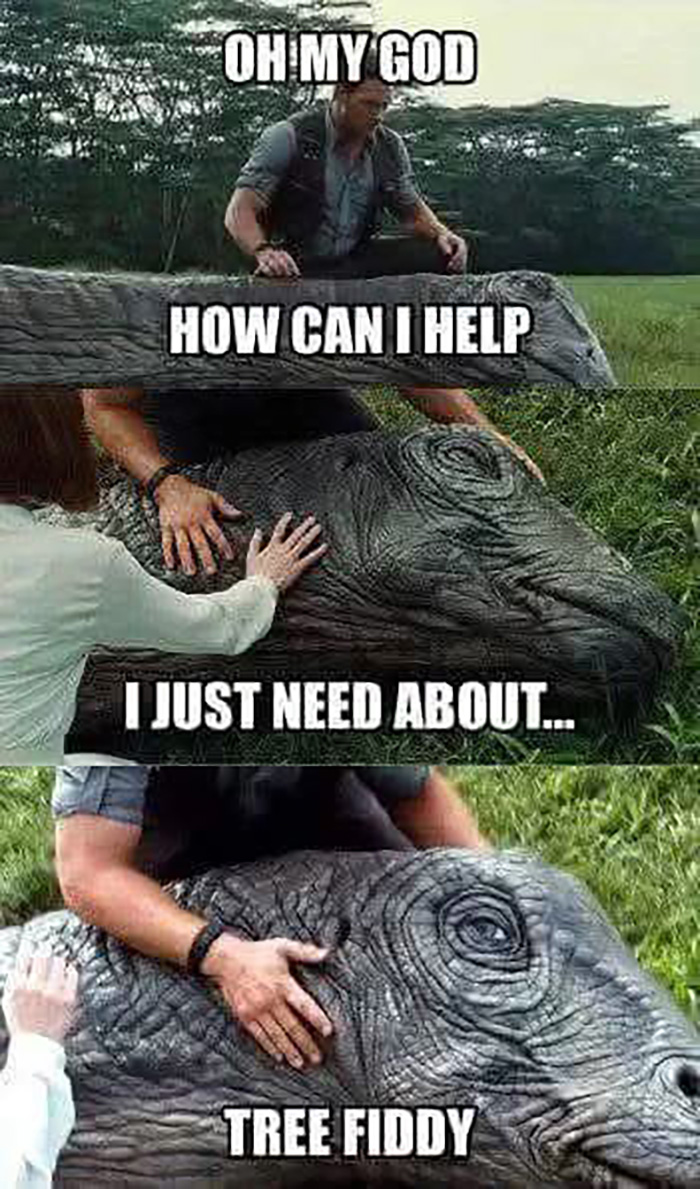 A series of images from a Jurassic World movie but parodying the Loch Ness Monster's "Treefiddy" joke from early South Park.