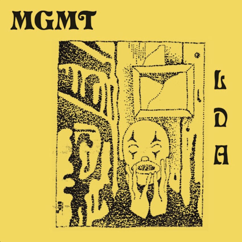 Cover to MGMT's 2018 album "Little Dark Age". It is a simple black pointillism drawing of a clown on a yellow background.