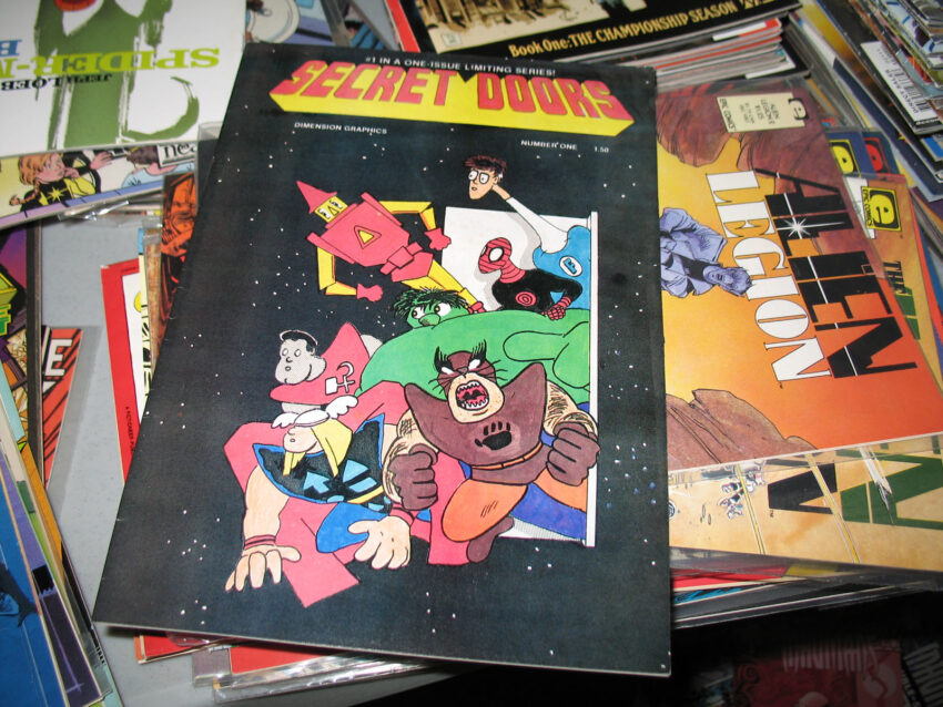 Cover to an awfully bad parody comic titled Secret Doors from the 1980s.
