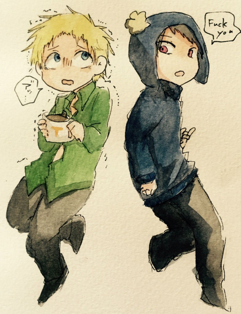 Fan art of South Park's Craig Tucker and Tweek Tweak. Tweek holds a coffee cup. Craig has his middle finger up and is saying "Fuck You." Artist: m (http://www.pixiv.net/member.php?id=5858809)