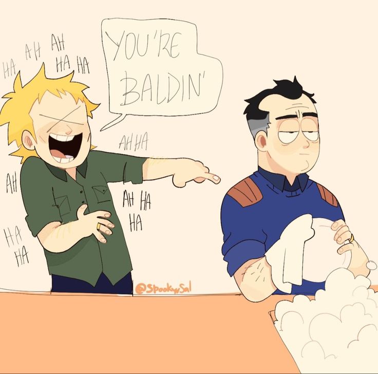 Fan art of South Park's Craig Tucker and Tweek Tweak. And older Tweek is making fun of an older Craig because he's balding. SpookyySal (https://x.com/SpookyySal)