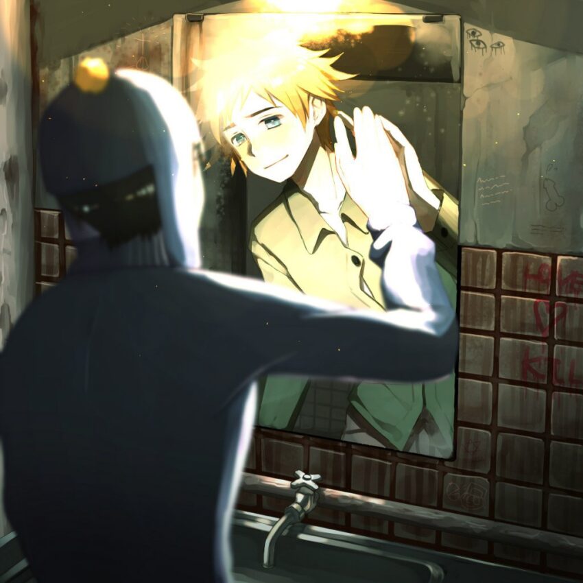 Fan art of South Park's Craig Tucker and Tweek Tweak. Craig is looking at a bathroom mirror and instead of his own reflection his reflection is actually Tweek. 水平線 (https://www.pixiv.net/en/users/9313943)