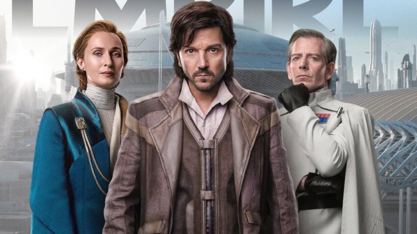 Promotional image from Star Wars Andor showing Mon Mothma, Cassian Andor, and Orsen Krennic.