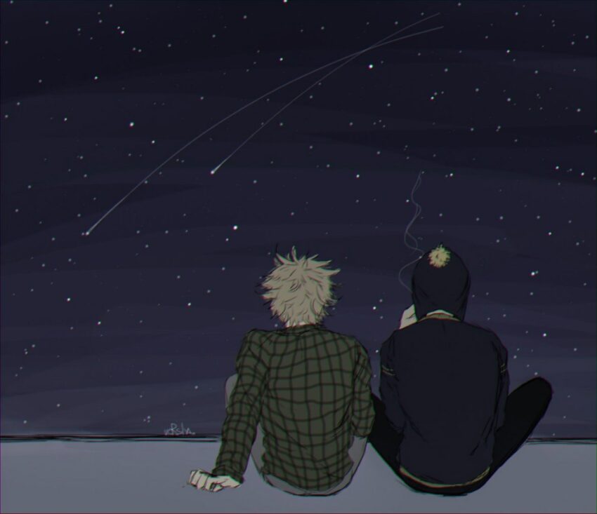 Fan art of South Park's Craig Tucker and Tweek Tweak sitting under outside watching shooting stars. Artist: by-vodoroslya