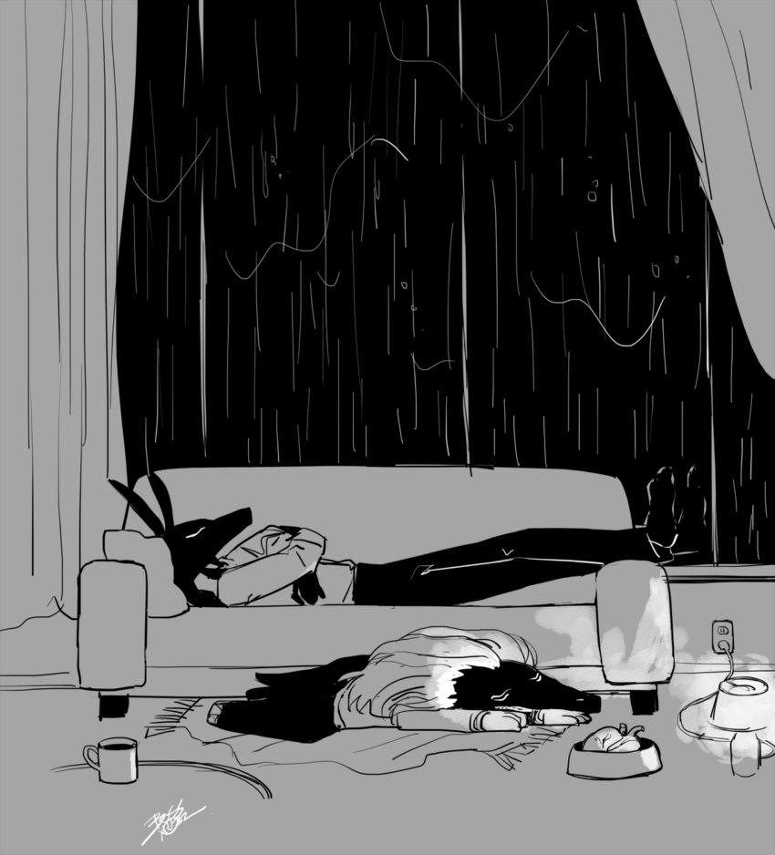 A fantastic drawing of the Lord of Kemet Anubis resting on the couch while at his feet, Ammit lays on a rug with a bowl with a human heart in it and a little lamp. Artist: bossnori (https://bossnori.tumblr.com/)