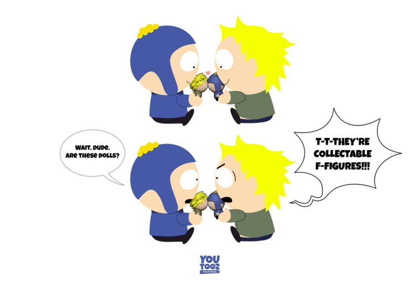 An youtooz add from Dec 2022 promoting their Tweek and Craig figures with the the animated version of Tweek and Craig holding their opposite figures with Craig stating "Wait, dude. Are these dolls?" and Tweek screaming "T-T-THEY'RE COLLECTABLE F-FIGURES!!!"