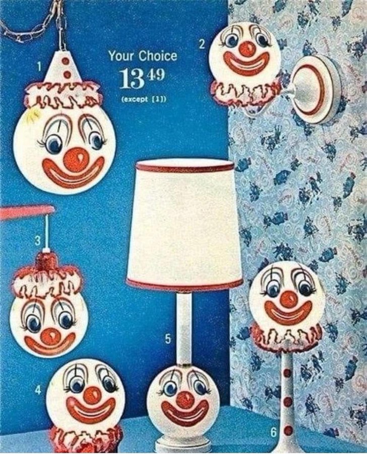 An old catalog image of many clown shaped lights and lamps. Pure disgusting horror.