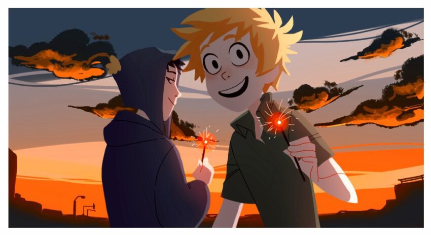Fan art of South Park's Craig Tucker and Tweek Tweak. It is almost sunset and both Craig and Tweek are holding lit sparklers. Tweek is actually smiling. Artist: pacha