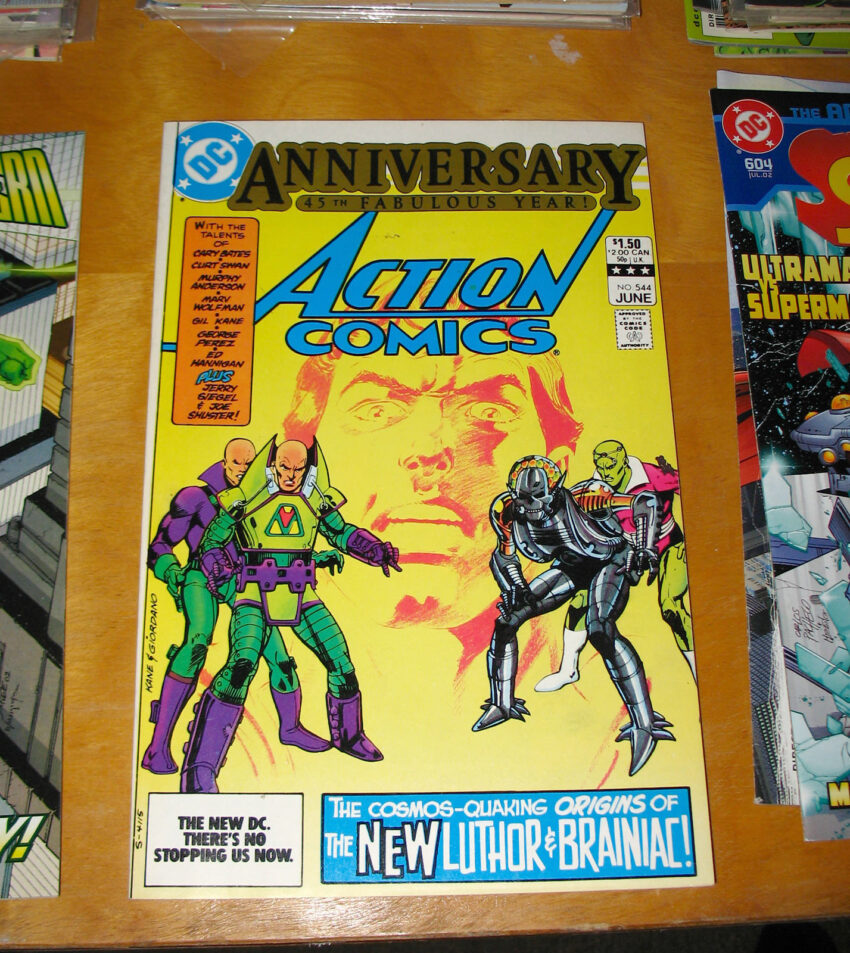 Cover to Action Comics #544 featuring the new look Lex Luthor and robot skeleton Brainiac.