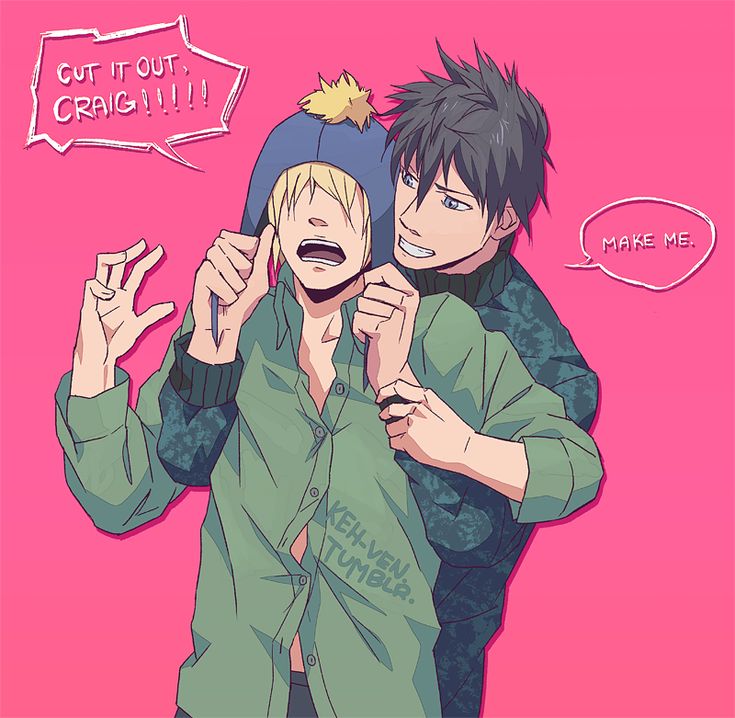 Fan art of South Park's Craig Tucker and Tweek Tweak. Craig has pulled his blue chullo over Tweek's head and face. Tweek yells "Cut it out, Craig!!!!) and Craig responds "Make me." Artist: Keh-ven (https://www.deviantart.com/keh-ven)