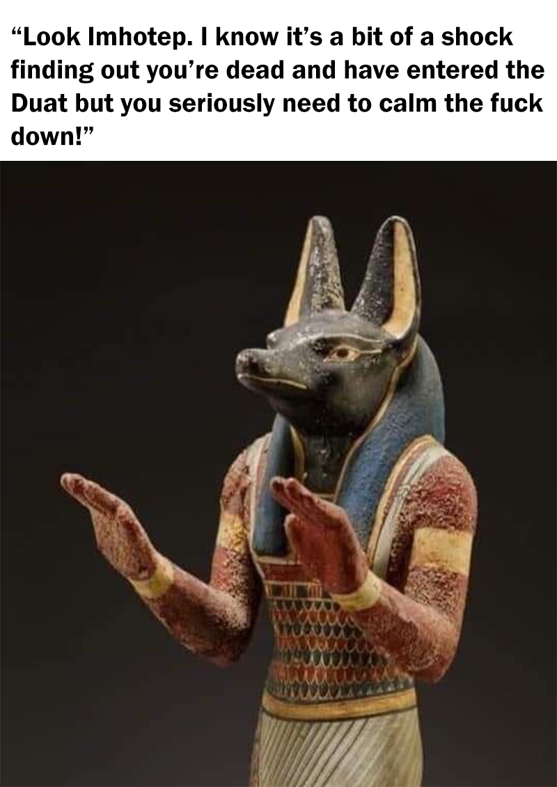A meme image of an ancient statue of Anubmis, the Egyptian God of Embalming and Funeral Ritual, with his arms up and hands out with a caption "“Look Imhotep. I know it’s a bit of a shock finding our you’re dead and have entered the Duat but you seriously need to calm the fuck down!”