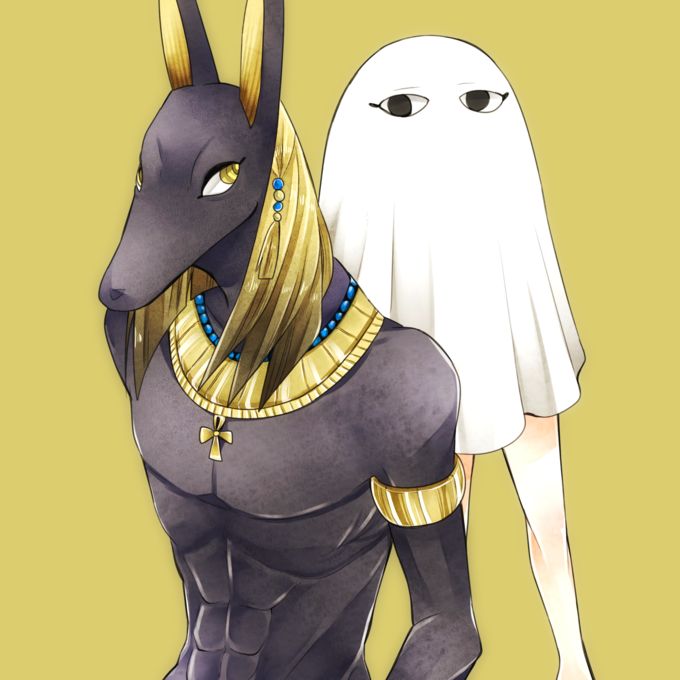 Fan art of Kemet dieties Anubis (Anpu) and Medjet. Artist: ery_0503 (https://x.com/ery_0503)