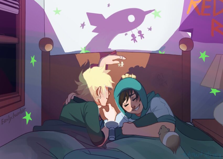 Fan art of South Park's Tweek Tweak and Craig Tucker. They are in bed and night and Tweek is making a silhouette with his hand of a rocket ship. Artist: Earily