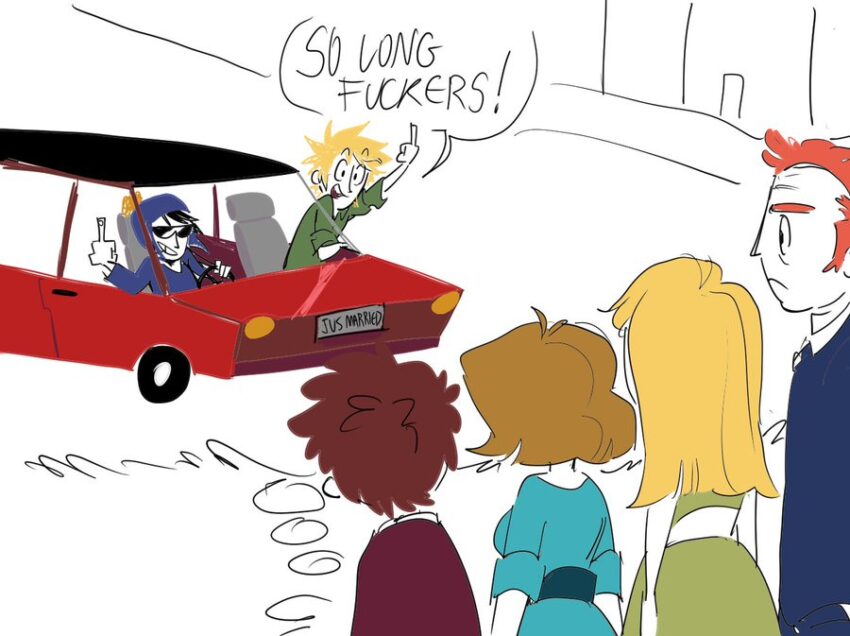 Fan art of South Park's Craig Tucker and Tweek Tweak. An older Tweek and Craig are in a car with a just married sign on it, both sets of their parents looking at them. Tweek yells out "So long fuckers!" SpookyySal (https://x.com/SpookyySal)