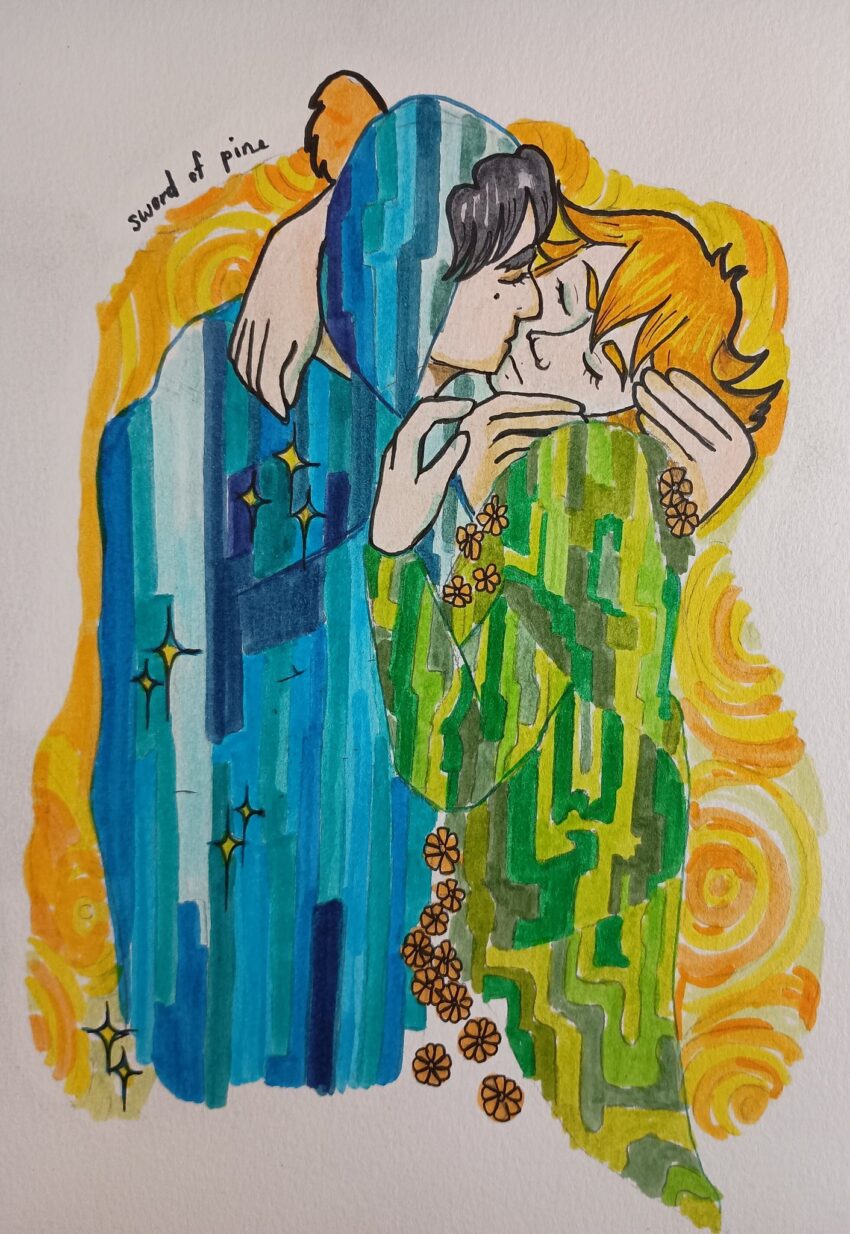 Fan art of South Park's Tweek Tweak and Craig Tucker done as as an homage to Gustav Klimt's 1908 painting "The Kiss". Artist: Sword_of_Pine (https://x.com/Sword_of_Pine)