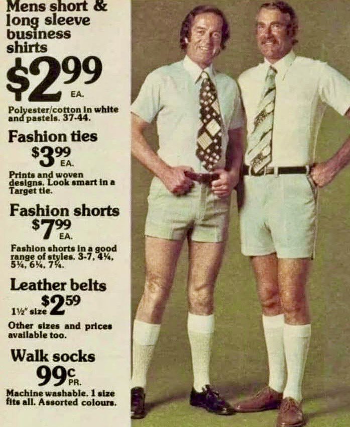 A page from an old early 70's clothing catalog showing 2 men dressed in business shirts, ties, but shorts with long white socks and dress shoes. A sight to behold!
