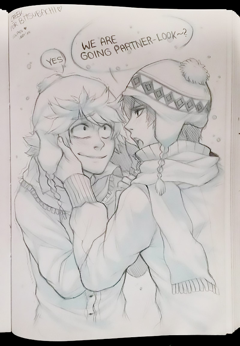 Fan art of South Park's Tweek Tweak and Craig Tucker. Artist: AISHISHIS (https://aishishii.tumblr.com/)