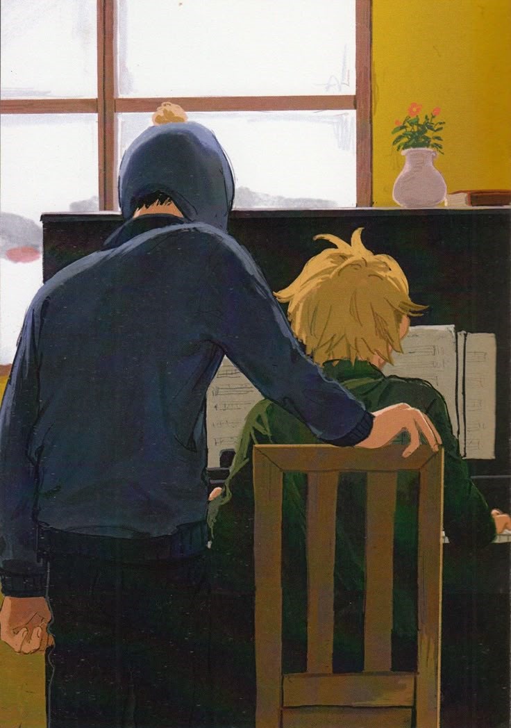 Fan art of South Park's Tweek Tweak and Craig Tucker. Tweek is playing piano facing away and Craig is next to him, arm on Tweek's chair. Artist: emu_taro (https://x.com/emu_taro)