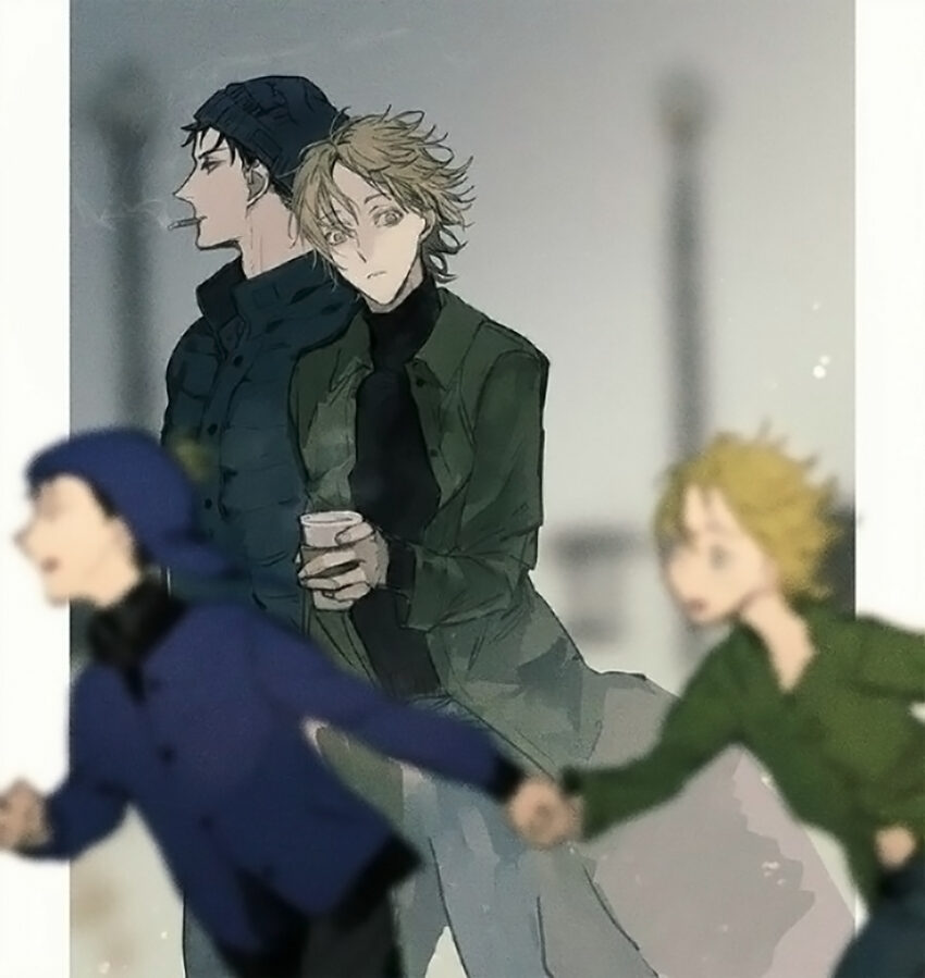 Fanart of Southpark's Craig Tucker and Tweek Tweak. Adult Craig and Tweek are walking but Tweek sees ghost-like phantom versions of he and Craig younger running hand-in-hand. Artist: Rata_to - https://x.com/Rata_to