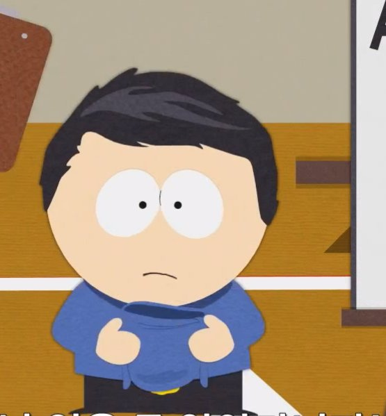 Still from South Park Season 11. Episode 3. Craig Tucker has removed his blue chullo for lice inspection showing his black hair for the first time.