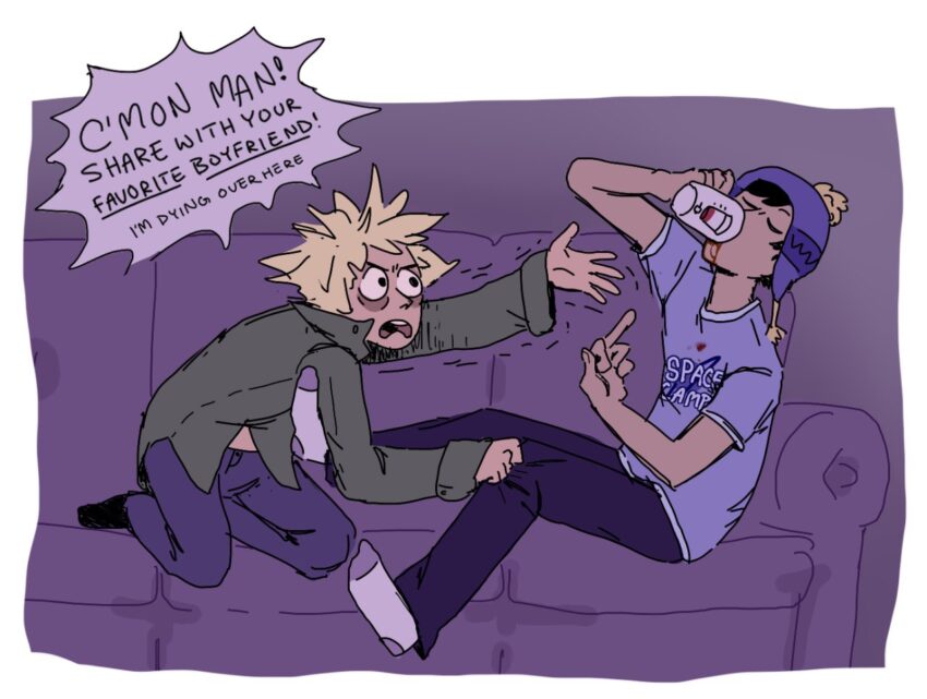 Fanart of Southpark's Craig Tucker and Tweek Tweak. Craig is hogging the coffee and Tweek is screaming "C'mon Man! Share with your favorite boyfriend! I'm dying over here!) Artist: erasermarksandocd - http://erasermarksandocd.tumblr.com/ (dead)