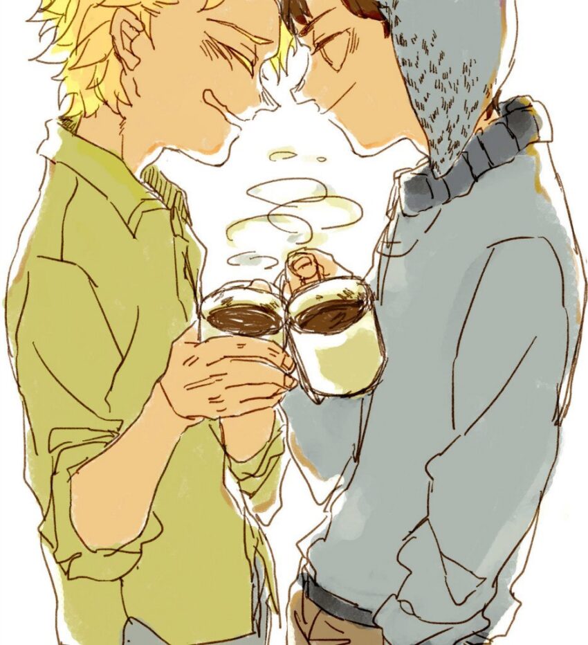 Fan art of South Park's Tweek Tweek and Craig Tucker. Both holding coffee cups and looking at each other. marinebohne's line art style. Artist: marinebohne (https://x.com/marinebohne)