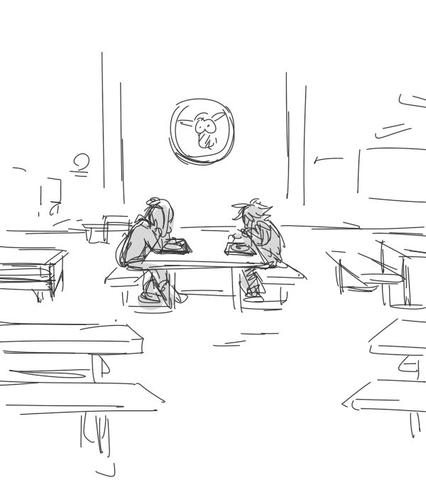 Fan art of South Park's Tweek Tweek and Craig Tucker. A very rought incomplete illustration. Both of them in the cafeteria sitting across from each other. The other tables are empty. Artist: おむぶろ (http://www.pixiv.net/member.php?id=2320830)