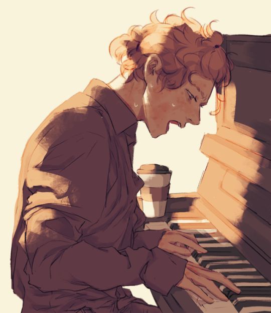 Fan art of South Park's Tweek Tweek, in his late teens/early 20s, playing piano and singing. Artist: Undetermined.