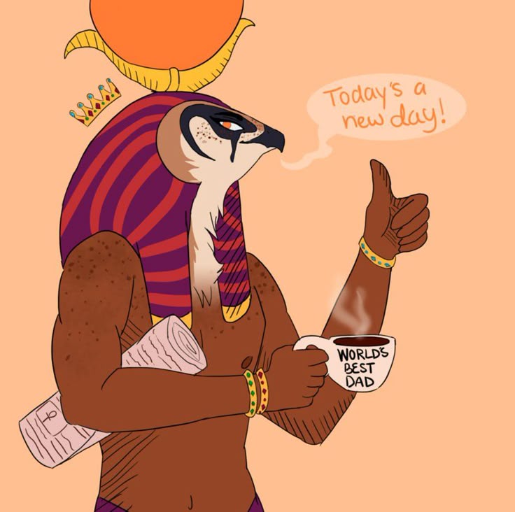 An illustration of Ra holding a newspaper and a coffee cup that reads World's Best Dad". Artist: Hibiscus-Dragon - https://www.deviantart.com/hibiscus-dragon