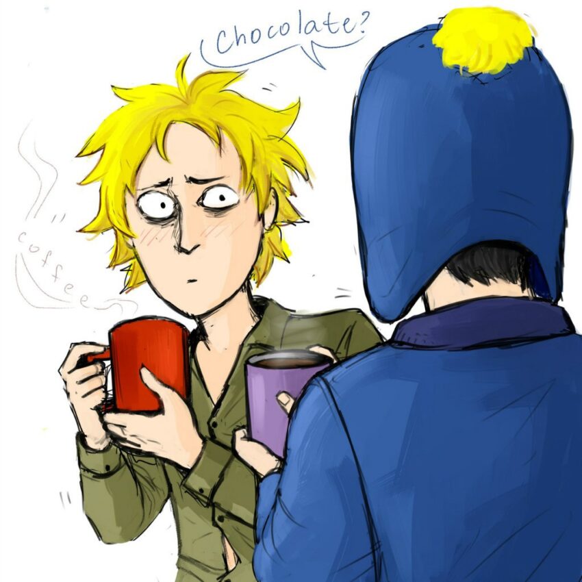 Fan art of South Park's Tweek Tweak and Craig Tucker. Craig tries to give Tweek a cup of hot choclate instead of coffee. Artist: 141-52 (http://141-52.tumblr.com/) Dead social.